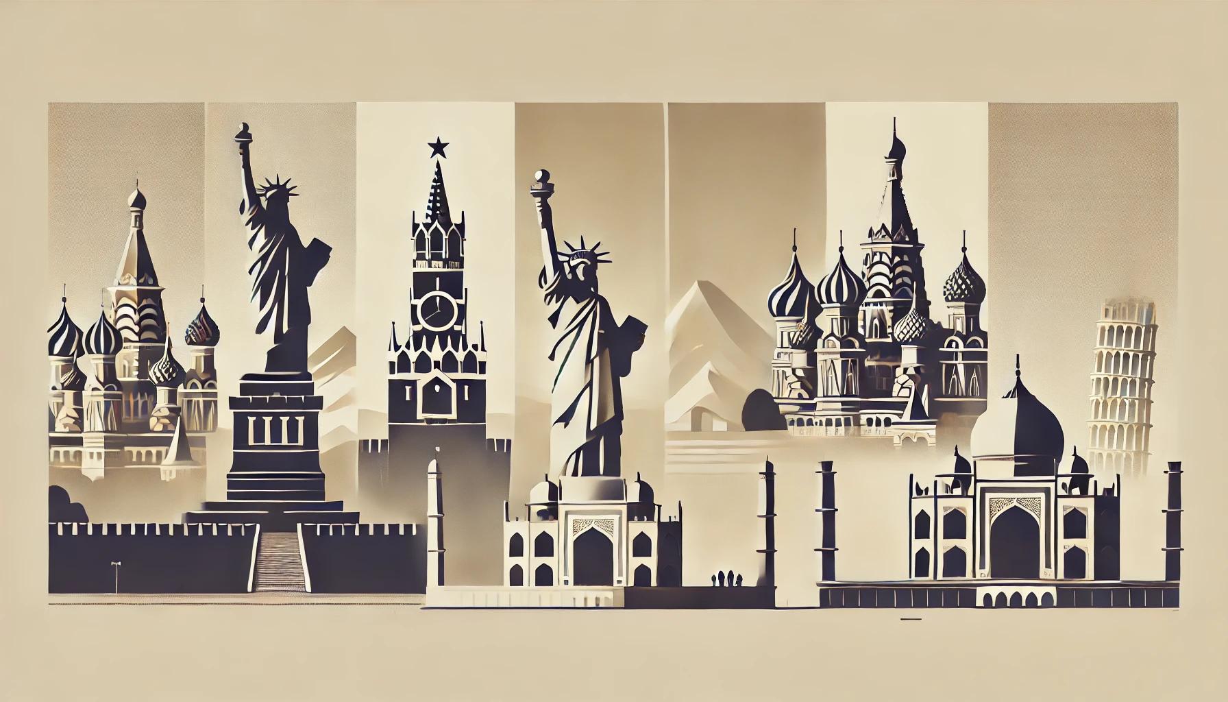 DALL·E 2025-04-07 17.06.18 - A horizontal, ultra-minimalist magazine-style illustration featuring five iconic global landmarks with no text, labels, or written elements at all. Fr