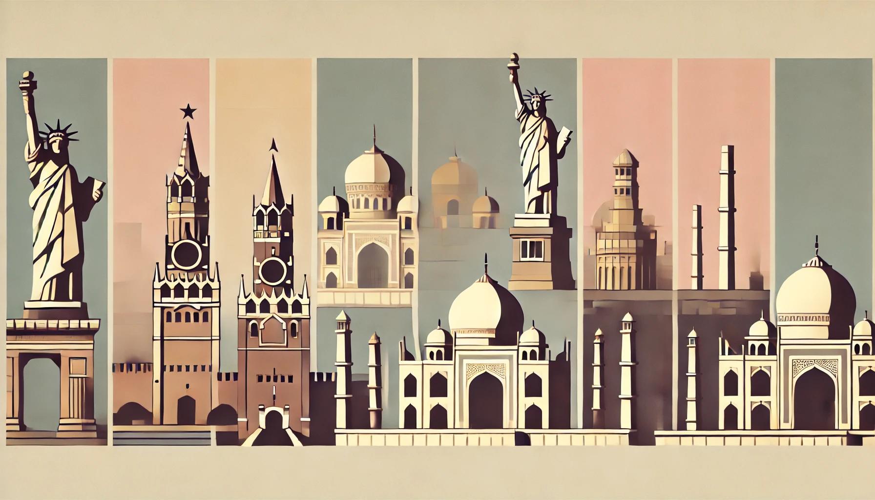 DALL·E 2025-04-07 17.06.24 - A horizontal, ultra-minimalist magazine-style illustration featuring five iconic global landmarks with no text, labels, or written elements at all. Fr