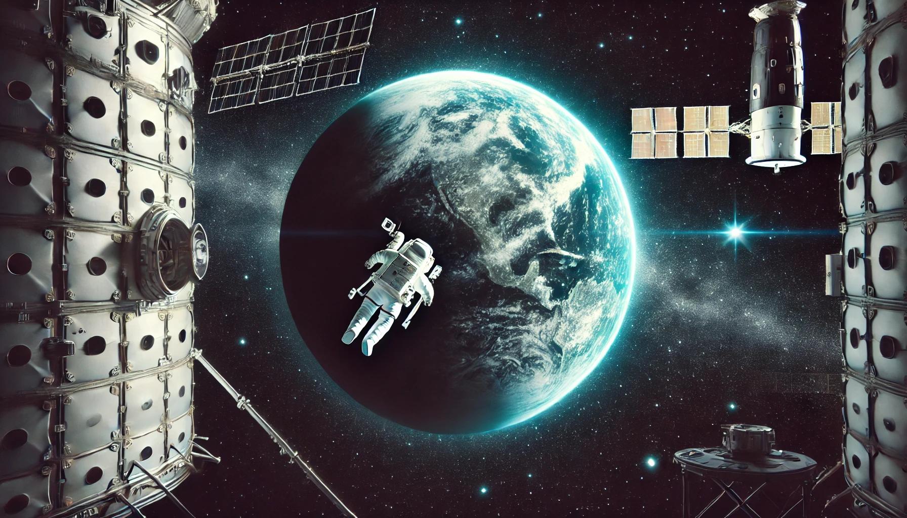 DALL·E 2025-04-09 15.02.56 - A lone astronaut floating in open space, tethered to the International Space Station, facing a large, vivid Earth suspended in the black void of space