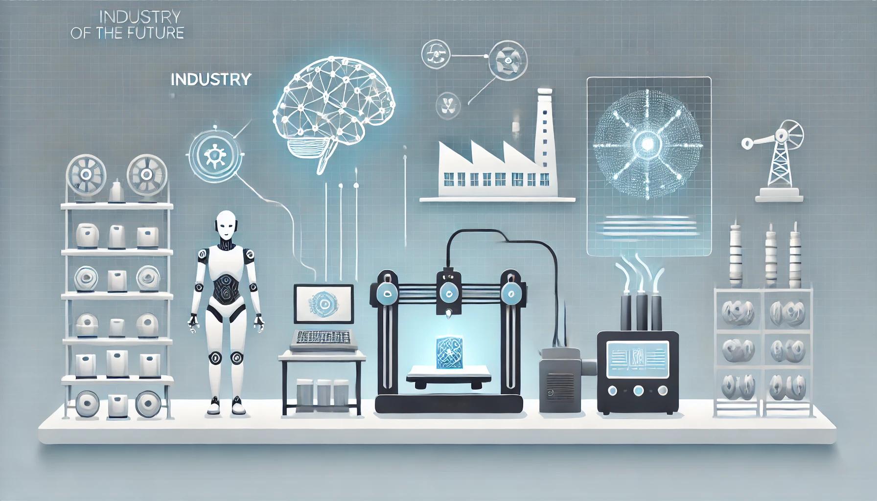 DALL·E 2025-04-21 17.17.49 - A minimalist widescreen illustration themed 'Industry of the Future', with no text or labels. The image features a sleek 3D printer printing a futuris