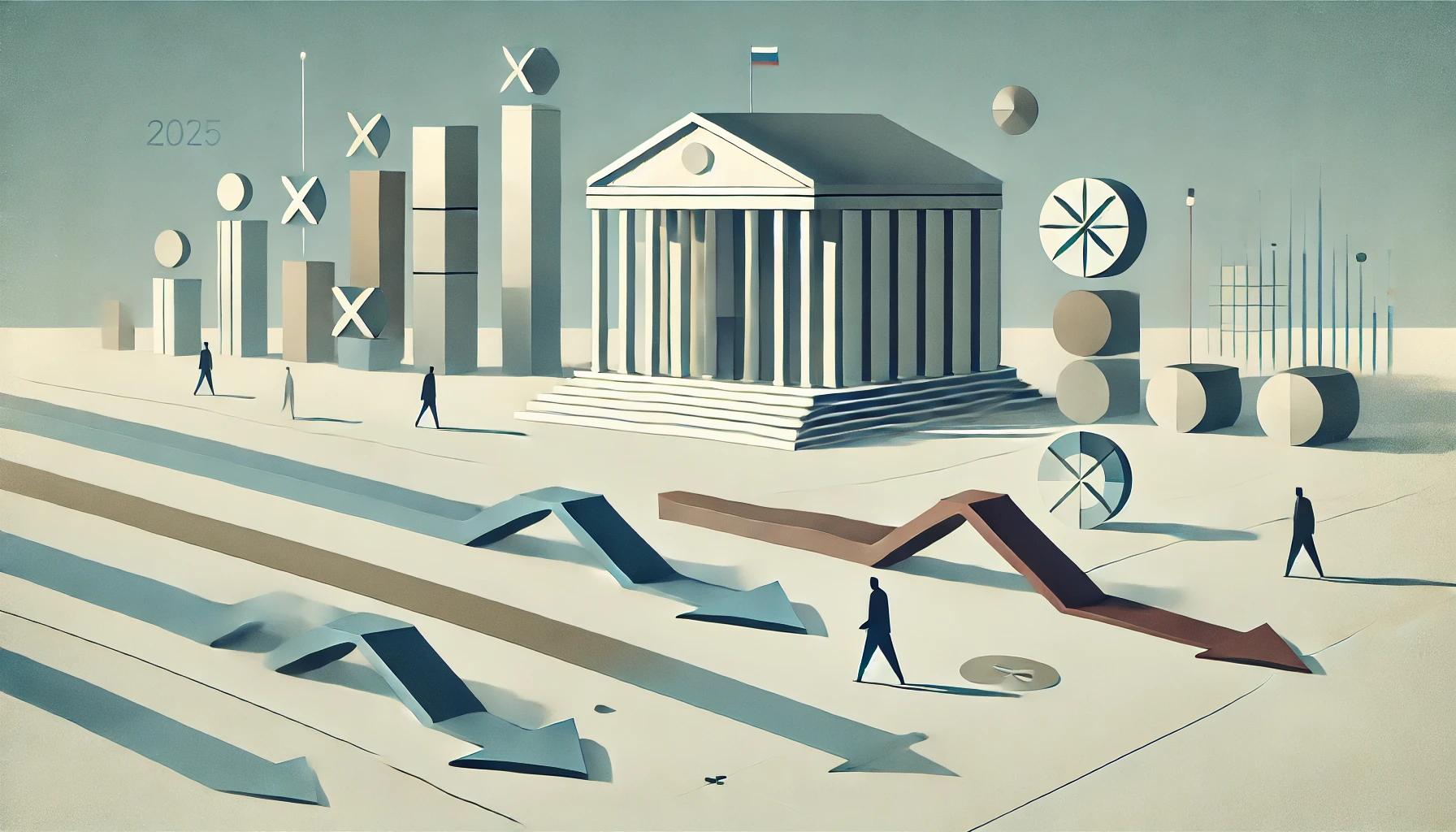 DALL·E 2025-05-06 14.31.35 - A minimalist wide-format conceptual illustration symbolizing Russia's monetary and banking environment in spring 2025. The image features clean geomet