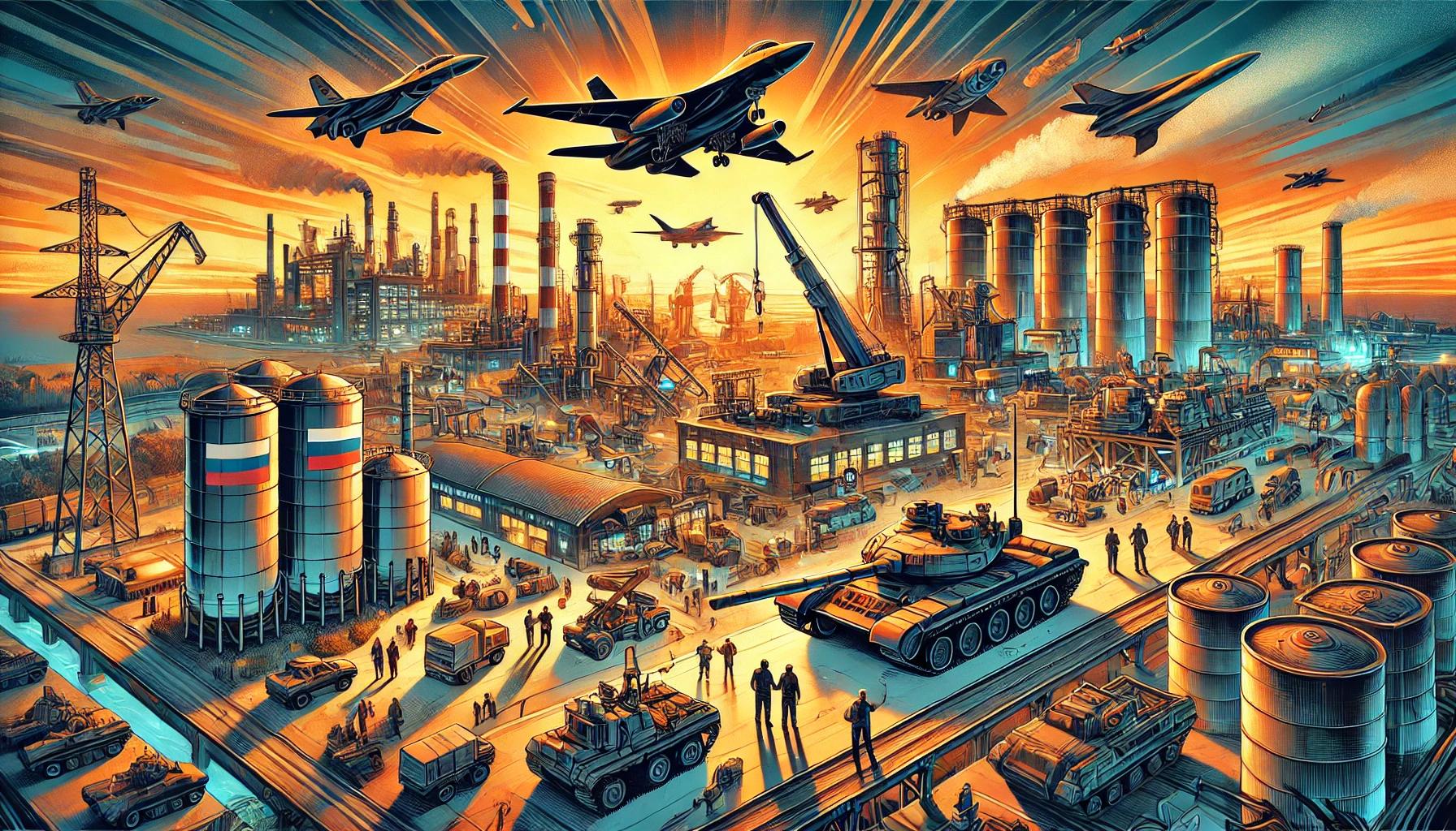 DALL·E 2025-05-20 16.27.48 - A vibrant, wide horizontal hand-drawn style illustration showing Russia's defense industry as the driving force of the economy in 2024. The compositio