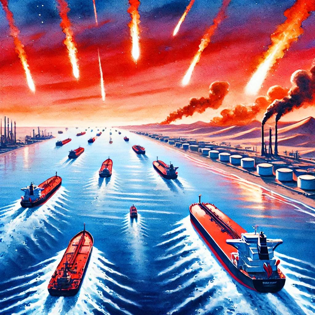 DALL·E 2026-03-19 13.33.18 - Wet watercolor painting, realistic wide scene of a strategic sea strait (inspired by Hormuz). Multiple oil tankers moving through narrow deep blue wat